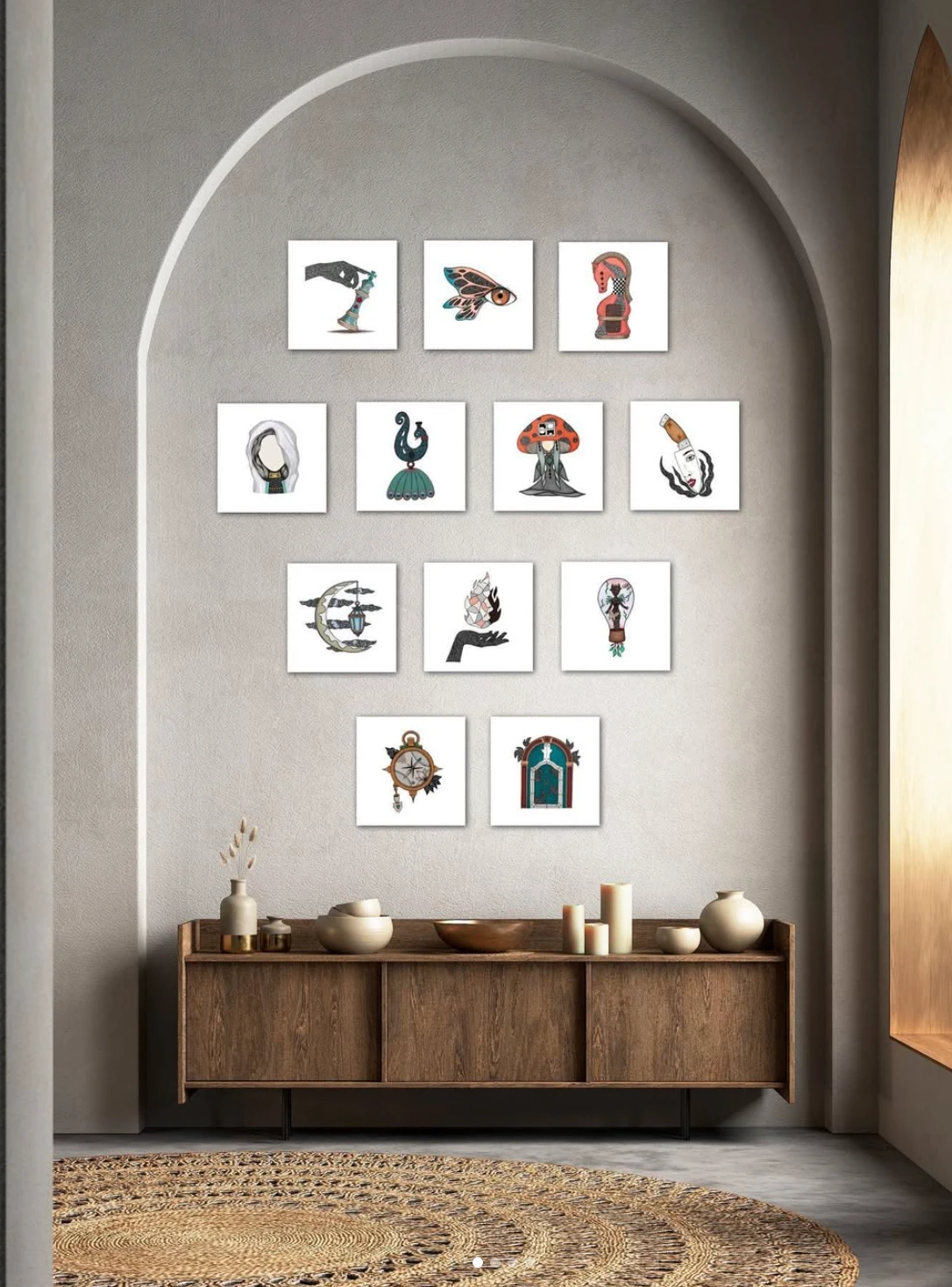 Maryam Sharaf’s illustrated artworks displayed in an arched gallery space